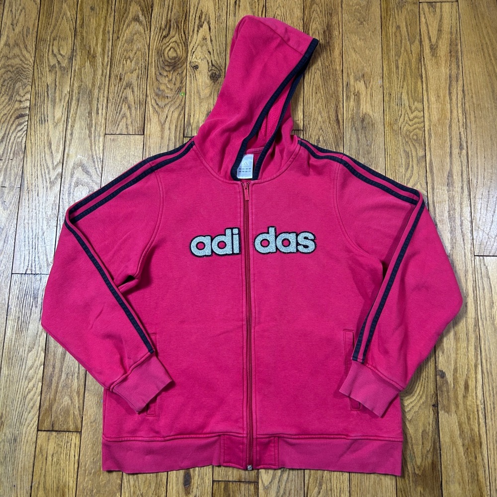 Adidas Red Pink Full Zip Hood Vintage Y2K Three Stripe Logo Fleece Sweatshirt L